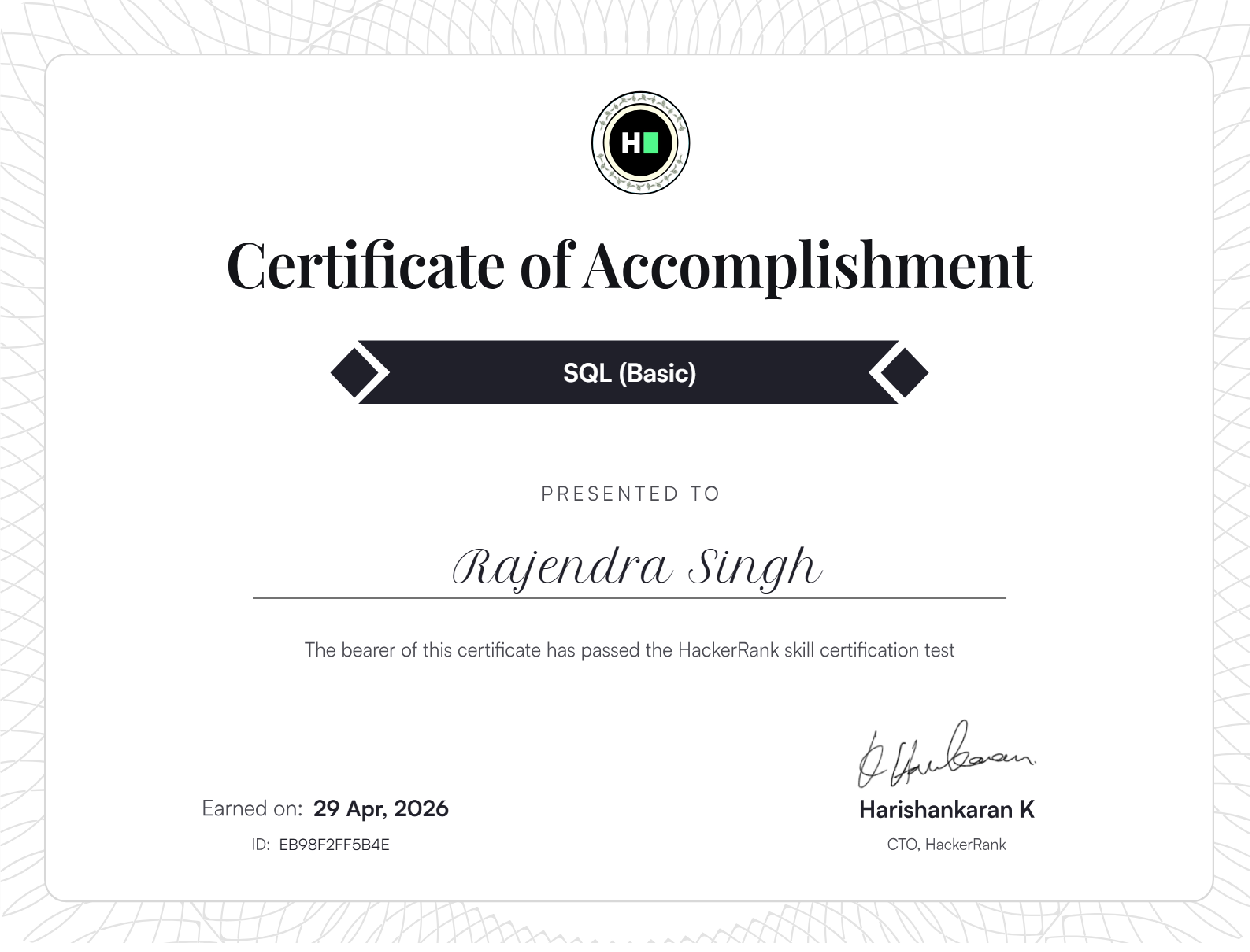 SQL Basic Certificate for Rajendra Singh